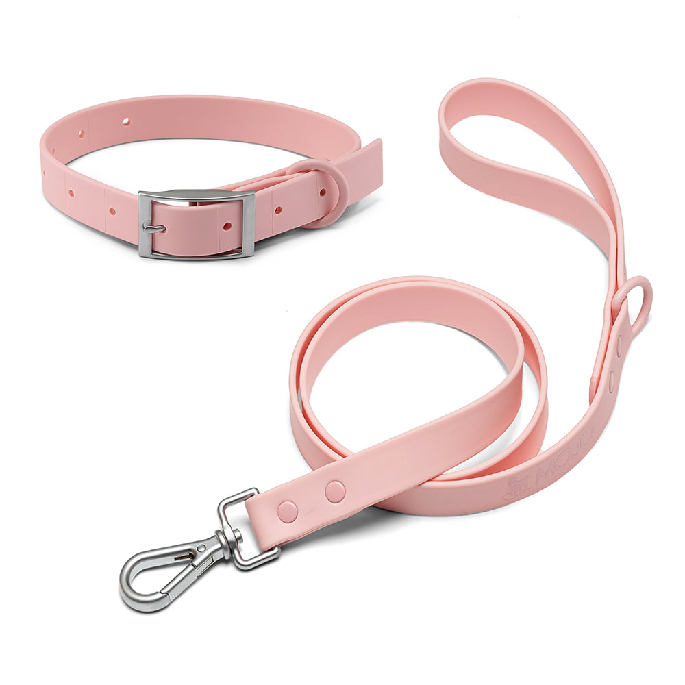 mojo pink blush 100% waterproof dog collar and leash set